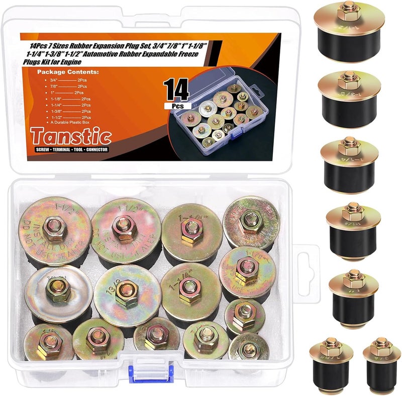 Tanstic 14Pcs Neoprene Rubber Expansion Plug, 7 Sizes Automotive Rubber Expandable Freeze Plug, 3/4", 7/8", 1", 1-1/8", 1-1/4", 1-3/8", 1-1/2", Fit Hole Size: 19~41mm(3/4"~1-5/8") - Image 1